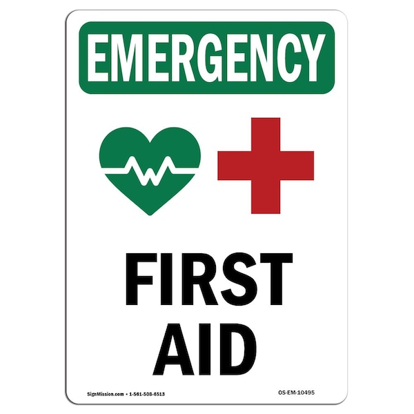 Safety Sign, OSHA EMERGENCY, 5" Height, First Aid, Portrait, 10PK